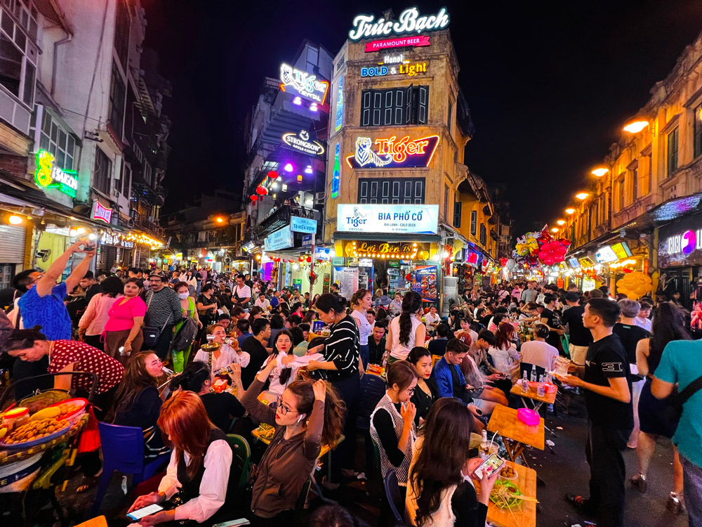 Ta Hien Street in Hanoi’s Old Quarter, crowded with locals and tourists