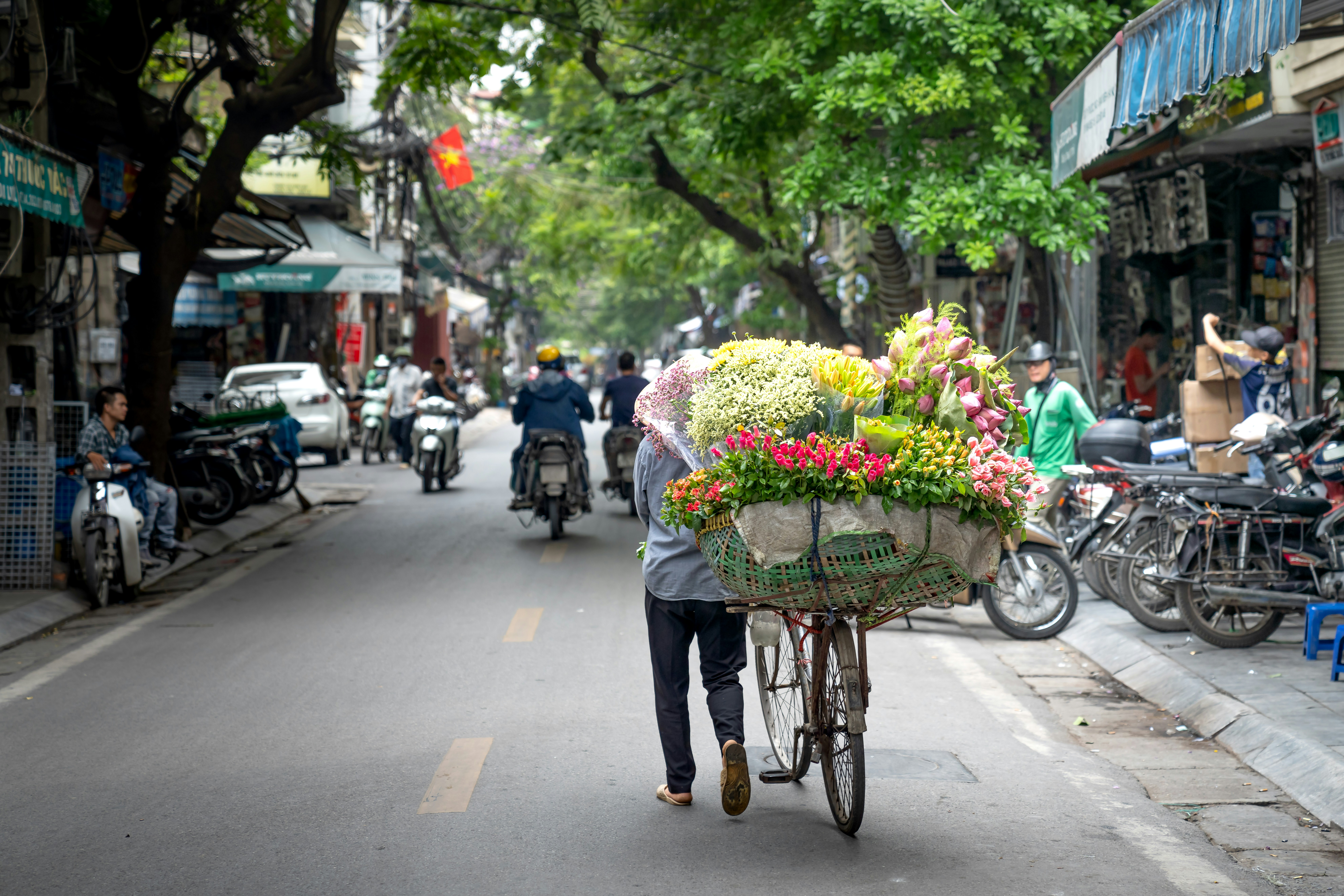 A Hanoi flower vendor pedals through the Old Quarter with a bicycle overflowing with blossoms